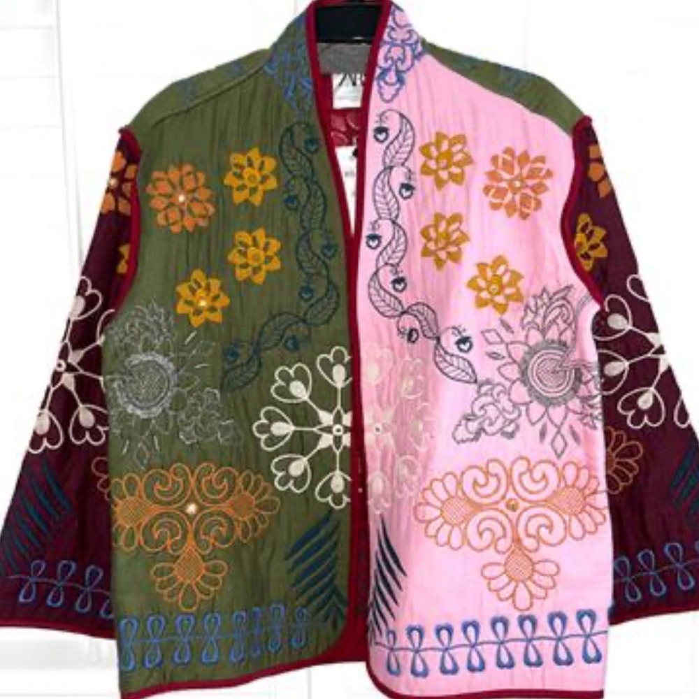 Zara Pink and Green Embroidered Bomber Jacket